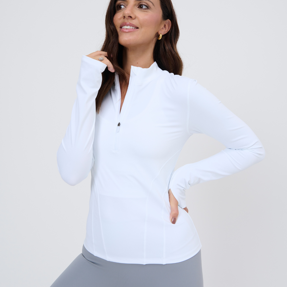 
                      
                        Activewear White mid zip jacket front view
                      
                    