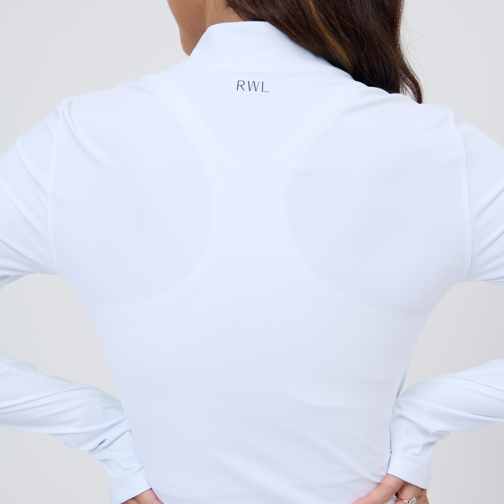 
                      
                        Activewear White mid zip jacket back view
                      
                    