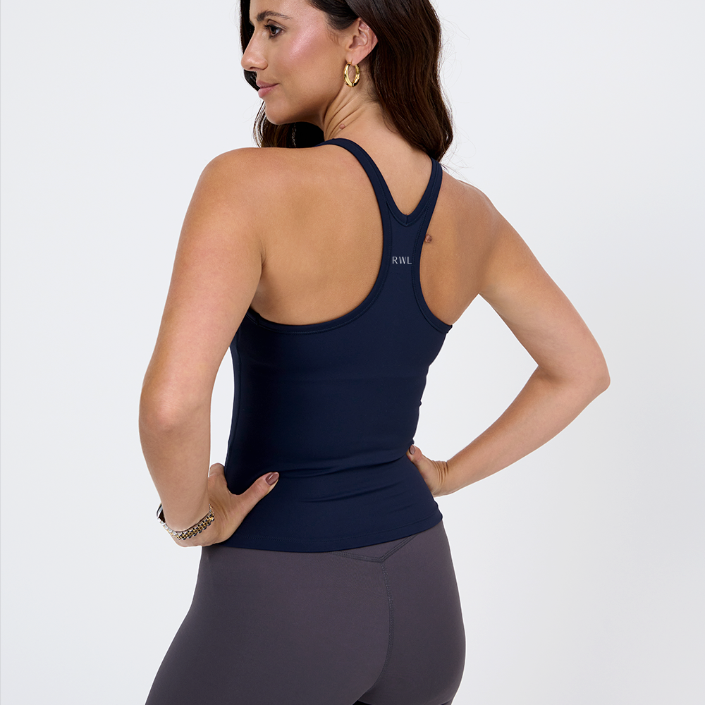 
                      
                        Activewear blueberry scoop neck top full back view
                      
                    