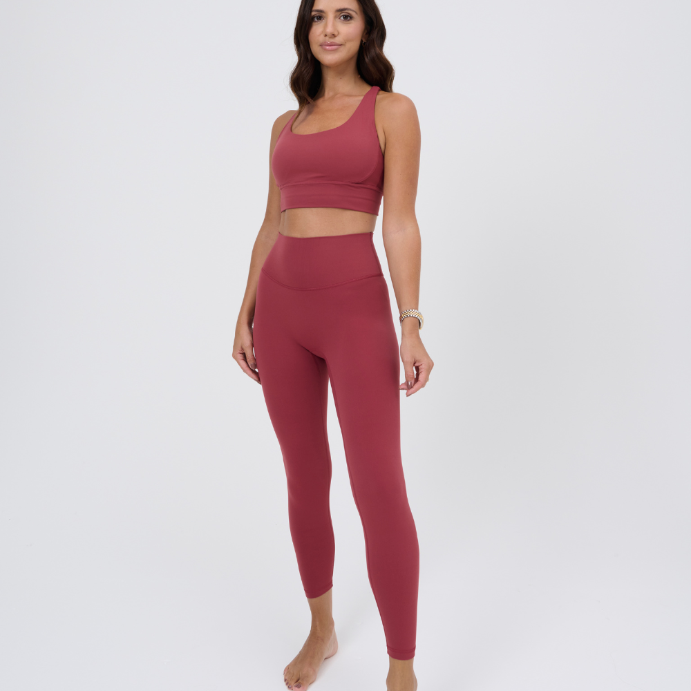 
                      
                        Activewear raspberry bra full body view
                      
                    